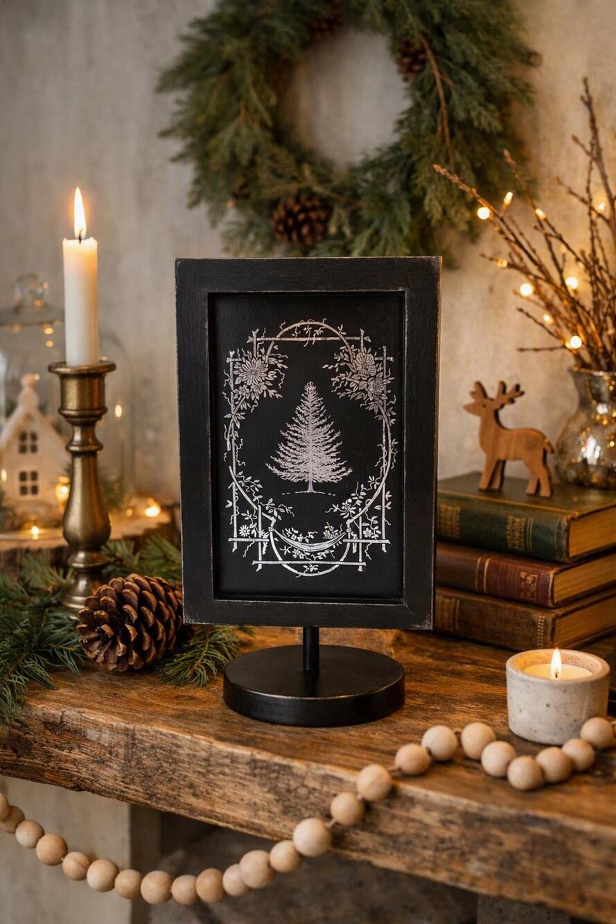 Holiday Tree Art – Ornate Silver Design, Vintage-Inspired Sign, Nature Decor